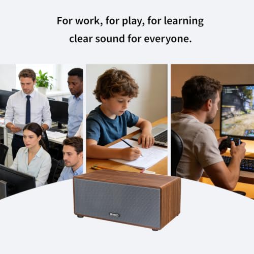 Wood-Grain Computer Speakers for Desktop PC, 10W Wired USB-Powered Speaker with 3.5mm AUX Jack, Plug & Play Clear Stereo Audio, Compact Brown Desk Speaker with In-Line Volume Control for Home Office