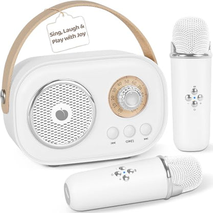 PRUNUS C20 Mini Karaoke Machine,Portable Bluetooth Speaker with 2 Wireless Microphone for Boys Girls 3-12+ Years Old Birthday Party White - color: C20-White
