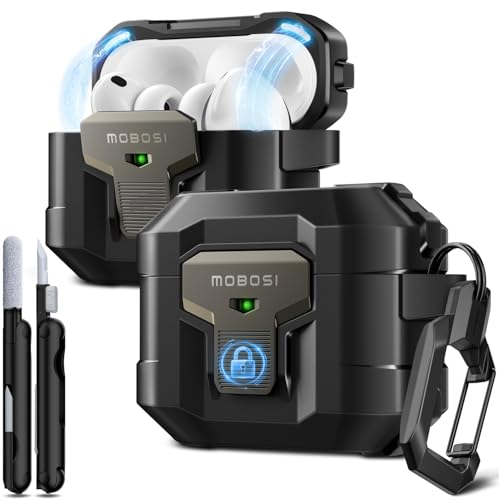 MOBOSI for AirPods Pro 3 Case 2025 with Drop-Proof Lock, Black | Cleaning Kit & Keychain, Compatible with MagSafe, Military-Grade Protection Hard Cover for iPods Pro 3rd Generation - color: Black