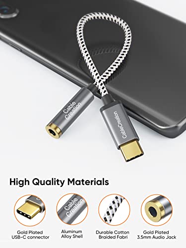 CableCreation USB C to 3.5mm Audio Adapter,0.33FT USBC to Headphone Adapter | USB C to Aux 24bit/96kHz HiFi DAC Cable for iPhone 16 15 Pro Max/15 Pro/15 Plus, iPad, Galaxy S24 S23 Ultra, Pixel 9 - style: USB C+3.5mm Audio (1-Port)