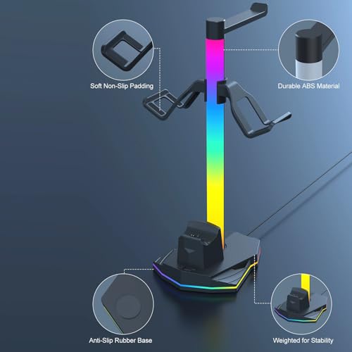 Zunate 3 in 1 RGB Gaming Controller Charging Stand with Headphone Holder, Dual USB and USB C Ports, 4 Lighting Modes, Dock for 2 Game Controllers and Headsets