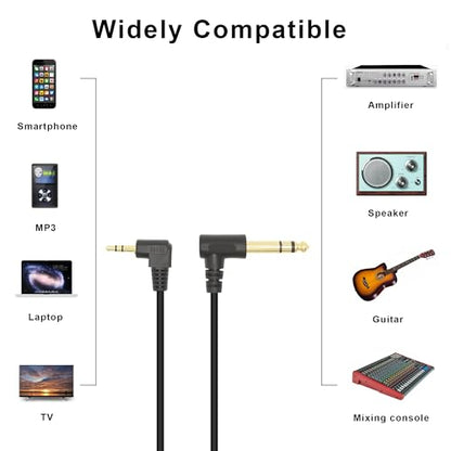 90 Degree 1/8 to 1/4 Stereo Audio Cable, Right Angle 3.5mm TRS Male to 6.35mm TRS Male Aux Cord for Guitar, Keyboard Piano, Laptop, Speaker and Amplifiers (70in), 5.9FT