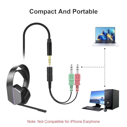 3.5mm Headphone Splitter Cable – 1 Female to 2 Male Audio Adapter for Mic & Aux, Compatible with PC, Laptop, Mac, Tablet