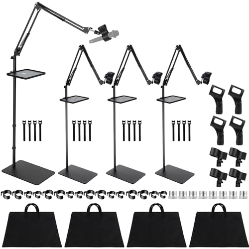 Relaxweex 4 Set Microphone Stands with Weighted Bases Boom Arm Floor Mic Stand with Tray Microphone Clip Carrying Bag 3/8" to 5/8" Screw Adapter and Cable Ties for Singing Stage Wedding Karaoke Band
