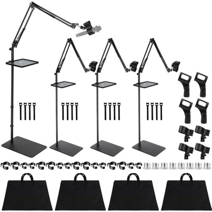 Relaxweex 4 Set Microphone Stands with Weighted Bases Boom Arm Floor Mic Stand with Tray Microphone Clip Carrying Bag 3/8" to 5/8" Screw Adapter and Cable Ties for Singing Stage Wedding Karaoke Band