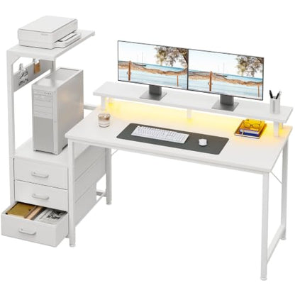 AODK Gaming Computer Desk w/PC Showcase Stand, 59" Reversible, RGB LED - color: White, size: 59 Inches