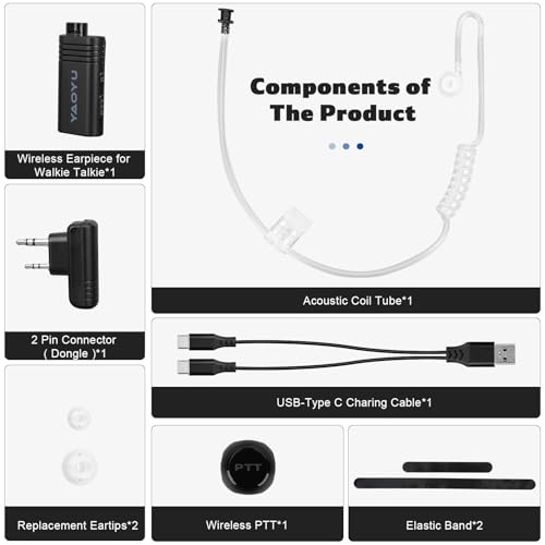 Wireless Headset with Clear Acoustic Tube Earpiece and 2 Pin Dongle,Walkie Talkie Headset with PTT Microphone for BaoFeng Kenwood Btech Radios & More(Not Compatible with Motorola/Midland)