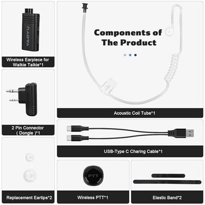 Wireless Headset with Clear Acoustic Tube Earpiece and 2 Pin Dongle,Walkie Talkie Headset with PTT Microphone for BaoFeng Kenwood Btech Radios & More(Not Compatible with Motorola/Midland)