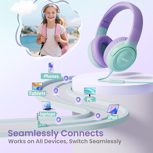 Acer Kids Headphones for School, 85-94dB Limiter, 3.5mm Jack, w/Mic HK03 | Foldable Wired Over Ear Headphones, for Toddler School/Travel/iPad/Tablet, Purple-Green Gradient - color: Green-Purple Gradient