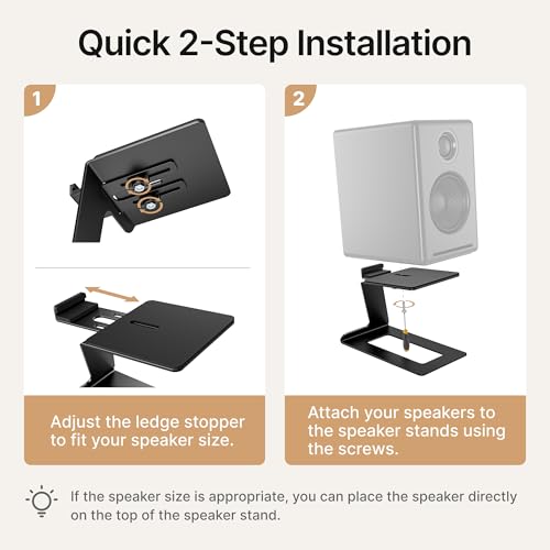 Desktop Speaker Stands, Adjustable Depth 5.5″–7.5″, 1 Pair | 17.6lbs Capacity Each, with Vibration Absorption Pads, Cantilevered Stand for Small & Medium Bookshelf Speakers, Black