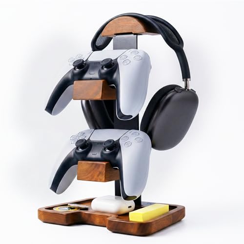 Gaming Equipment Headset Stand with Dual Controller Organizer Rack & Storage Base, Headphone Stand Gamer Gifts for Men Teenage Boy, Unique Gifts for Gamers to Organize Gaming Accessories (Brown Wood)