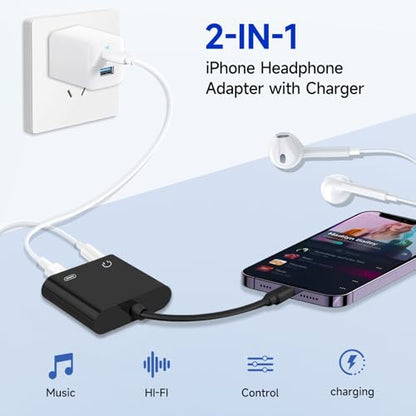 [Apple MFi Certified] 2-in-1 Charging & Audio Adapter for iPhone, Lightning to 3.5mm Headphone Jack Dongle Splitter, Supports Hi-Res Lossless Sound, Compatible with iPhone 14/13/12/11/XS/XR/8/7 1Pack - color: Black