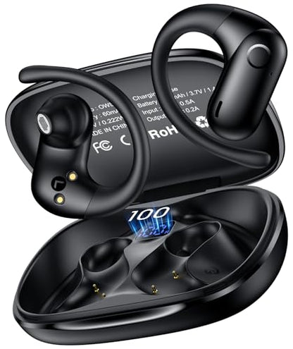 kurdene Open-Ear Headphones, Digital Display Wireless Earbuds Ear Hooks | Ultra-Comfort, Snug Fit, Powerful Sound, Clear Calls, 42H Playtime, Bluetooth 5.4 for Office, Outdoor Use-Black