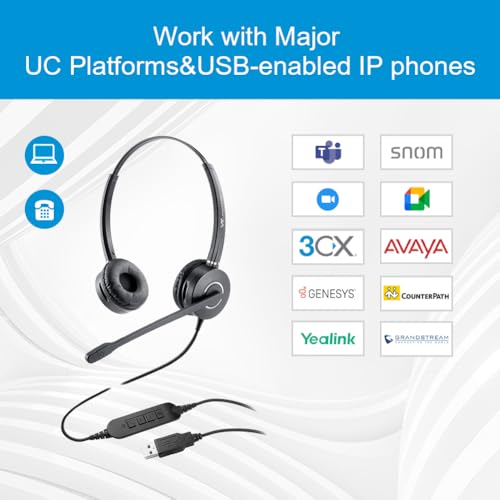 VT 컴퓨터 USB 헤드셋 노이즈 캔슬링 마이크 - MS 팀, Mitel, MicroSIP와 호환되는 UC 헤드셋 시스코 재버, 줌, 제네시, GoogleMeet, Bria, 3CX 등에 사용됩니다. - color: USB-A 듀오