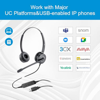 VT 컴퓨터 USB 헤드셋 노이즈 캔슬링 마이크 - MS 팀, Mitel, MicroSIP와 호환되는 UC 헤드셋 시스코 재버, 줌, 제네시, GoogleMeet, Bria, 3CX 등에 사용됩니다. - color: USB-A 듀오
