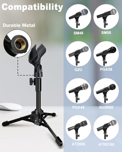 Desktop Mic Stand Portable Foldable Tripod with Mic Clip Holder and 5/8" Male to 3/8" Female Screw Adjustable Microphone Stand. - size: 1 Pack