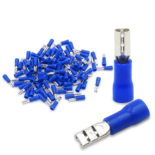 BAOMAIN 0.11" Female Quick Disconnect Spade Terminals 16-14 AWG 100-Pack | Blue Insulated Tin-Plated Crimp Connectors for 16-14 AWG Electrical Wiring. Fits 0.11" 2.8mm Male Spade Terminals - size: Female