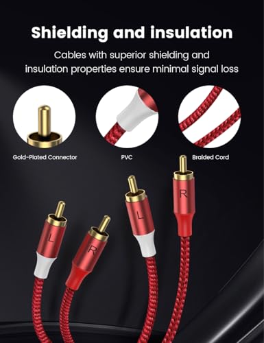 MOSWAG 2RCA Male to 2RCA Male Stereo Auxiliary Audio Cable Subwoofer Cable - color: Red, size: 6.6 ft
