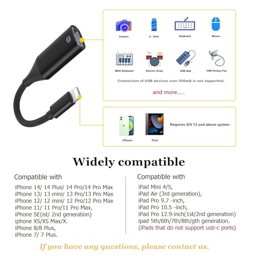 Camera Adapter for iPhone, iPad to USB OTG Cable Adapter, Supports USB Flash Drive, Card Reader, Mouse, Keyboard, MIDI - color: Black