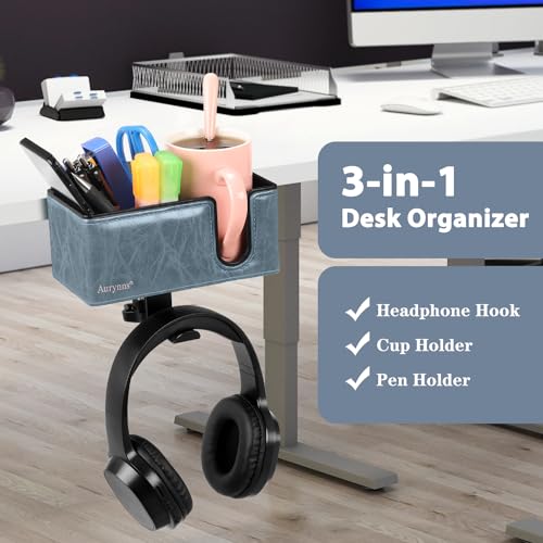 Under Desk Cup Holder Clamp on Cup Holder PU Leather Clip on Desk Organizer | Desk organizer with pencil holder clamp on side, under desk hanging organizer, clip on cup holder desk phone stand holder PU - color: Sky Blue