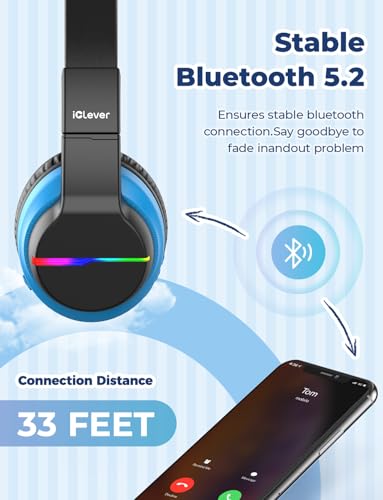 iClever BTH12 Kids Bluetooth Headphones 85H Playtime with LED Lights Travel - color: Pink&Black