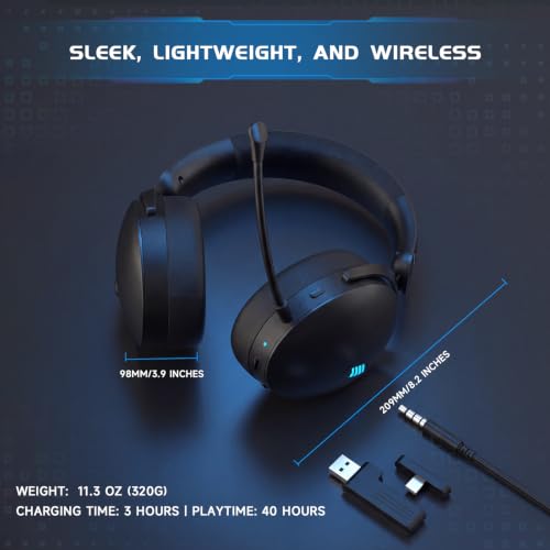 Acer Gaming Headset with Aluminum Frame for PS5, PS4, PC, Switch - JetBlack | Tri-Mode(2.4GHz/Bluetooth/Wired) Gaming Headphones with ENC Mic, Stereo Sound, 40H Battery, Blue Light Indicator, 50mm Driver - color: Black