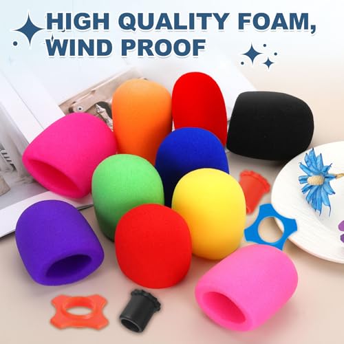 MECCANIXITY 8 Set Microphone Cover Foam Mic Cover, with 1.34" Mic Protection Silicone Ring and Anti Rolling Bottom Sleeve Holder for Karaoke DJ Concert Theater, Red - color: Red, size: 1.34"