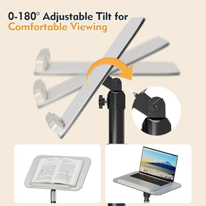 Floor Book Stand for Reading, Height Adjustable 26”-56”Music Stand | Reading Stand with Tilt Panel & Page Clips, Stable Weighted Base, Holds Books, Music Sheets & 15” Laptops