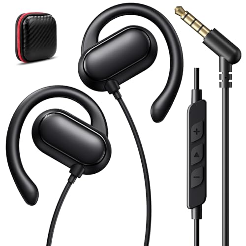 iMangoo 3.5mm Earbuds Wired Over Ear Buds with Microphone 5FT Cord Black | 3.5 mm Aux Jack Plug in Headphones Earhook Corded Earphone for Kids Women Airplane Travel School Gym Workout Running Sport