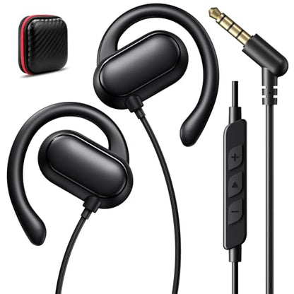 iMangoo 3.5mm Earbuds Wired Over Ear Buds with Microphone 5FT Cord Black | 3.5 mm Aux Jack Plug in Headphones Earhook Corded Earphone for Kids Women Airplane Travel School Gym Workout Running Sport