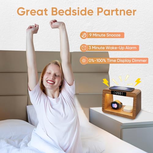 Bamboo Wireless Charging Station, 5 in 1 Charging Station with Light & Alarm Clock for Samsung & Android Phone, Wireless Phone Charger Station Only for Samsung Watch