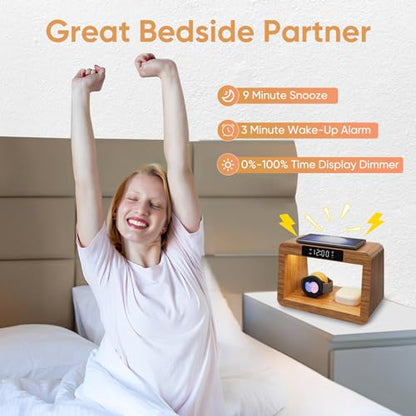 Bamboo Wireless Charging Station, 5 in 1 Charging Station with Light & Alarm Clock for Samsung & Android Phone, Wireless Phone Charger Station Only for Samsung Watch