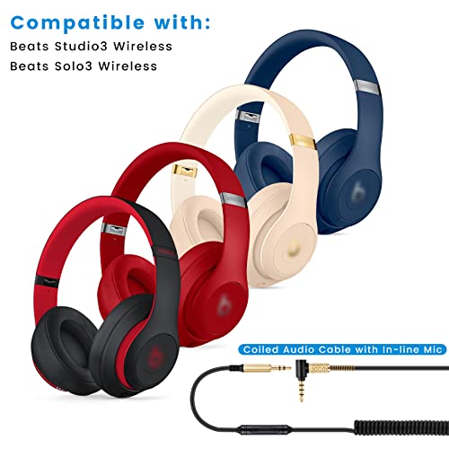 Studio3 Coiled Audio Cable for Beats Studio Pro, Solo4, Solo3 Headsets, 8ft | 3.5mm in-line Mic & Volume Control Headphone Cord for PS5 Xbox One - size: 8 Feet