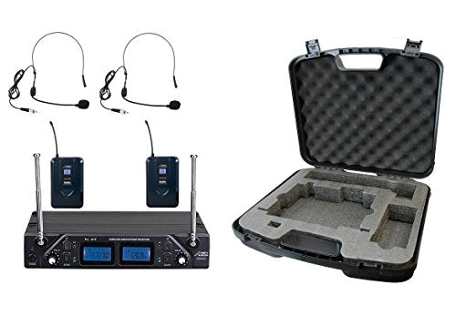 AUDIO 2000'S AWM6502UH Dual Channel UHF Wireless Headset Microphone System with Two Body-Pack Wireless Transmitters, Two Headset Microphones, One Wireless Receiver and One Hard PVC Carrying Case