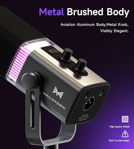 MAILANGSHI 192KHz/32bit Dynamic Podcast Microphone for PC, USB & XLR Mic with RGB Lighting, Desktop Stand, Mute Button, All-Metal Body, Gain & Volume Control, Gaming Microphone for Livestreaming