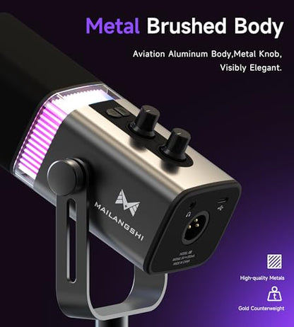 MAILANGSHI 192KHz/32bit Dynamic Podcast Microphone for PC, USB & XLR Mic with RGB Lighting, Desktop Stand, Mute Button, All-Metal Body, Gain & Volume Control, Gaming Microphone for Livestreaming