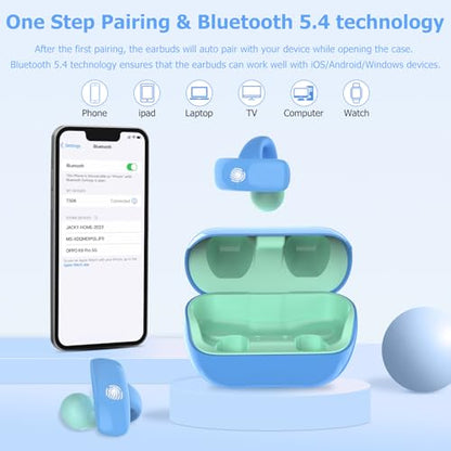 iDIGMALL Kids Wireless Earbuds, Open Ear Clip On Headphones for Teen, Blue | 85dB Volume Limit, 20 Hours Charging Case, Bluetooth 5.4, Built-in Mic, For Teens Child Girls Boys Home School Travel Sports - color: Blue