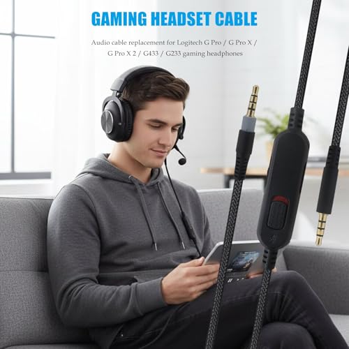 Replacement for G Pro X Cord, Detachable Gaming Headset Cable Replacement for Logitech G Pro/ G433/ G233, 3.5mm(1/8") Nylon Braided Wire with Inline Mute Switch and Volume Controller, 6FT