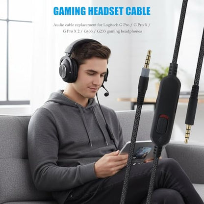 Replacement for G Pro X Cord, Detachable Gaming Headset Cable Replacement for Logitech G Pro/ G433/ G233, 3.5mm(1/8") Nylon Braided Wire with Inline Mute Switch and Volume Controller, 6FT