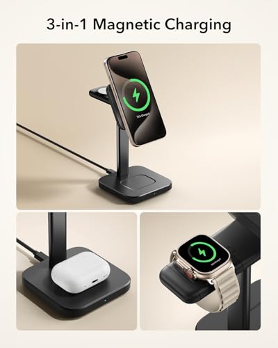 ESR 3 in 1 Wireless Charging Station, Magsafe Charger for iPhone 17-12 | 15W MagSafe Charger Stand for iPhone, Wireless Charger for Multiple Devices iPhone 17-12&Apple Watch&AirPods, Black