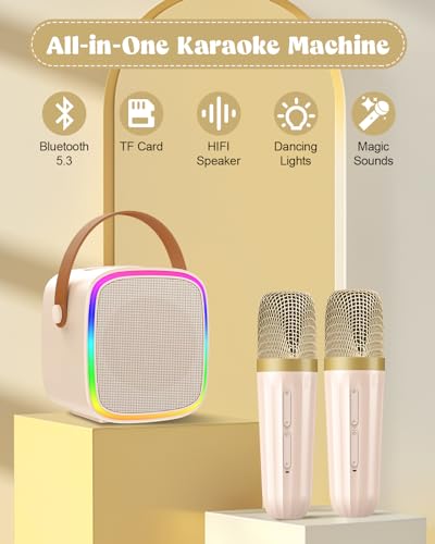 Mini Karaoke Machine with 2 Wireless Microphones Kids Toys | Portable Bluetooth Speaker for Kids Adults Toddler, Christmas Girls Toys for 4 5 6 7 8 9 10 12 Year Old Birthday Gift Ideas - color: Beige