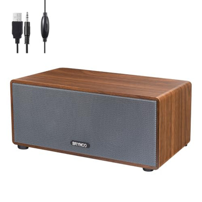 Wood-Grain Computer Speakers for Desktop PC, 10W Wired USB-Powered Speaker with 3.5mm AUX Jack, Plug & Play Clear Stereo Audio, Compact Brown Desk Speaker with In-Line Volume Control for Home Office