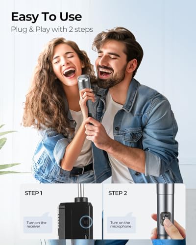 Wireless Microphone, Dual Handheld Dynamic Mic with Rechargeable Receiver, 40H Duration, 200ft Range, Plug and Play, Karaoke Microphone for Singing, Karaoke, Meeting, Church, Wedding - color: Silver