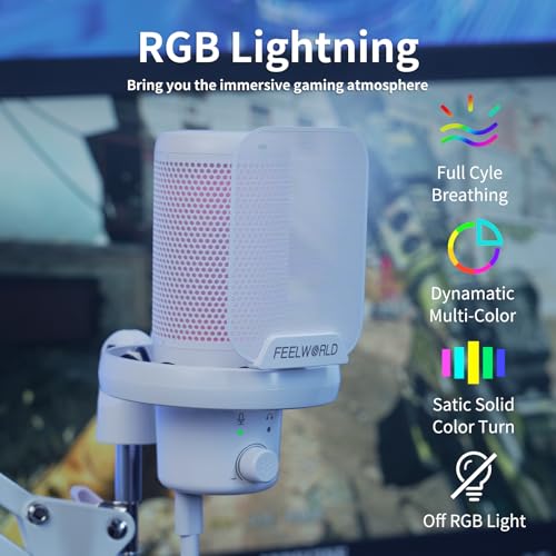 FEELWORLD White USB Gaming Microphone VM1, Noise Cancellation RGB Mic with Mute Button for PC PS5, Desktop USB Microphone for Streaming & Gaming, White Computer Accessory