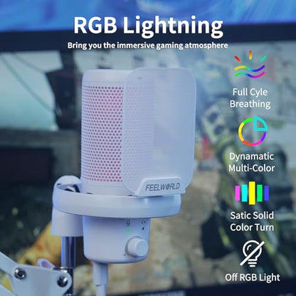 FEELWORLD White USB Gaming Microphone VM1, Noise Cancellation RGB Mic with Mute Button for PC PS5, Desktop USB Microphone for Streaming & Gaming, White Computer Accessory