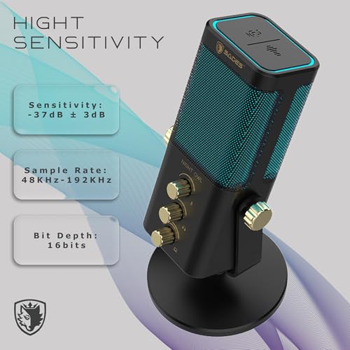 Sades Night Owl USB Gaming Microphone – Cardioid Condenser Mic with RGB Lighting, Gain Control, Plug and Play for PC, Streaming & Podcasting (Black) - color: Black