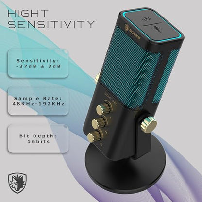 Sades Night Owl USB Gaming Microphone – Cardioid Condenser Mic with RGB Lighting, Gain Control, Plug and Play for PC, Streaming & Podcasting (Black) - color: Black