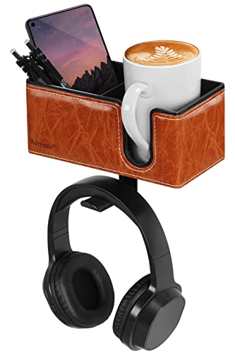 Under Desk Cup Holder Clamp on Cup Holder PU Leather Clip on Desk Organizer | Desk organizer with pencil holder clamp on side, under desk hanging organizer, clip on cup holder desk phone stand holder PU - color: Light Brown
