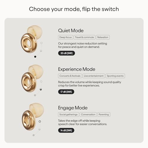 Loop Switch 2 Adjustable Ear Plugs - 3 Modes for Ultimate Control | 20-26dB SNR noise reduction. Flexible fit. For focus, travel, socializing, festivals & more - color: Gold