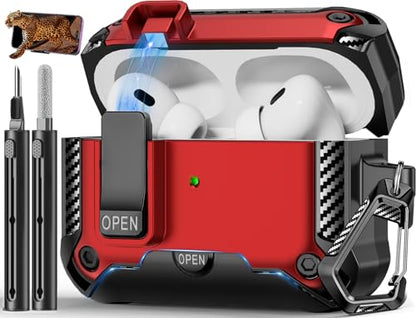 for AirPods Pro 1st/2nd Case with Lock & Phone Stand(Red) | Automatic Snap Switch Lock,Carbon Fiber Texture Design Cover with Cleaner Kit - color: BB-Red